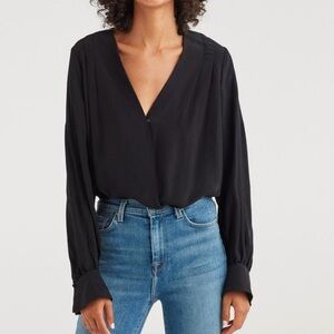 7 For All Mankind Long Sleeve Cross Front V-Neck Black Blouse size XL